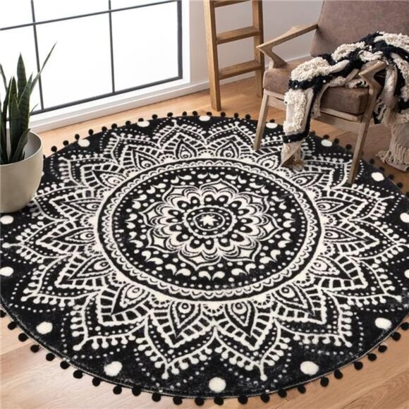 Uphome Boho Round Rug for Living Room 4' Circular Black Mandala Area Rug - Picture 1 of 7